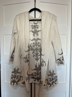 Ivory Open-Front Embroidered Hooded Duster Jacket
